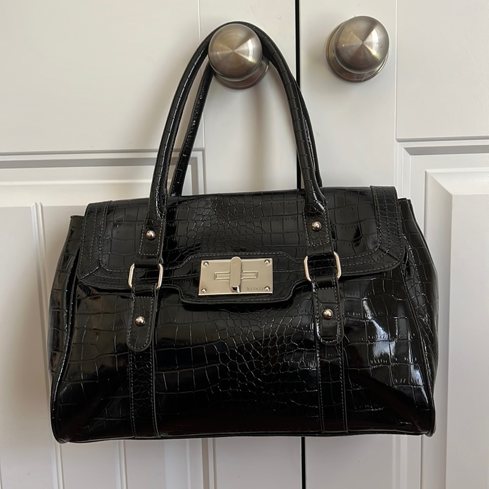 XOXO Faux Croc Embossed Black Patent Large Tote Bag Satchel Purse Double Handles